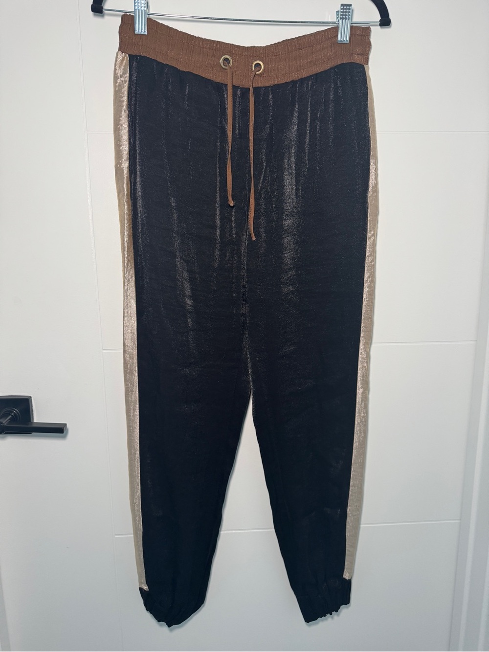 Zara Black Joggers with Brown Waistband and Gold Side Stripes